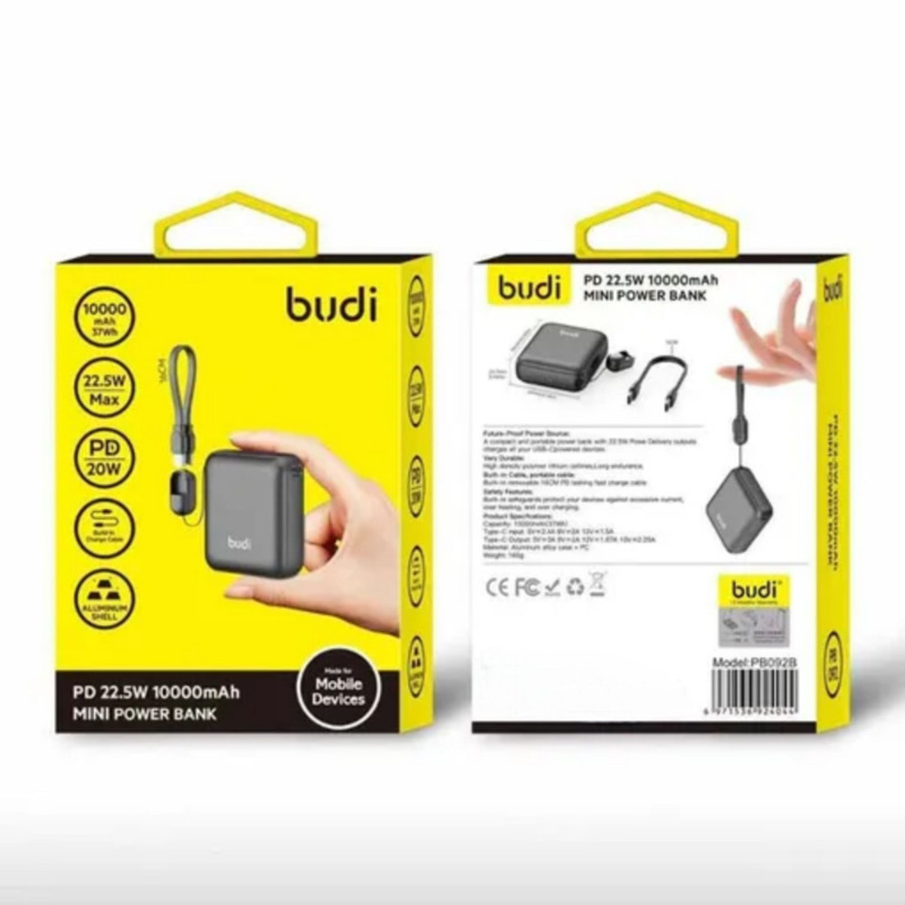 پاوربانک Budi PB092B ظرفیت 10000mAh | توان 22.5W و کابل Type-C داخلی-نمای سوم